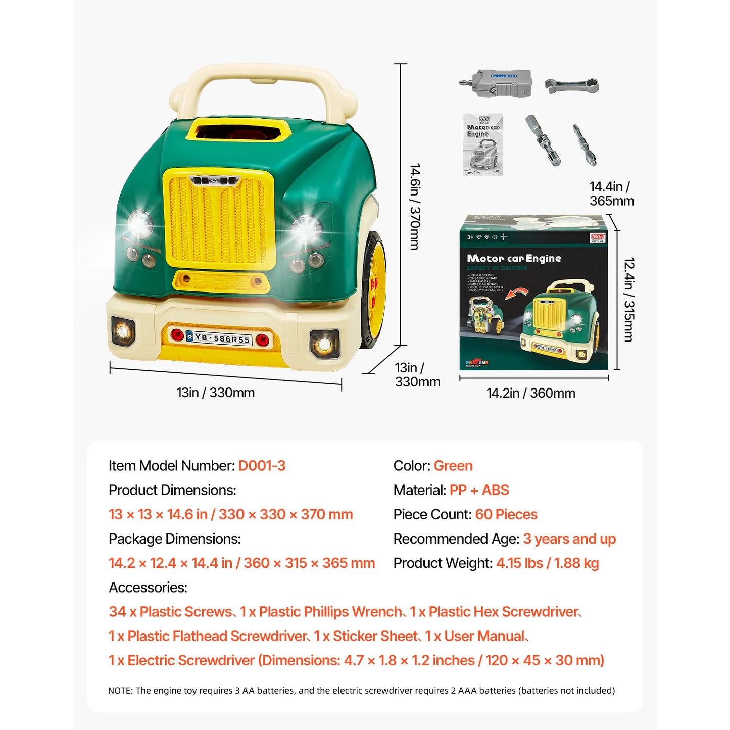 60 Pcs Kids Mechanic Car Repair Set with Removable Parts & Horn Workshop Set Engine Toy for Toddler Children Gift