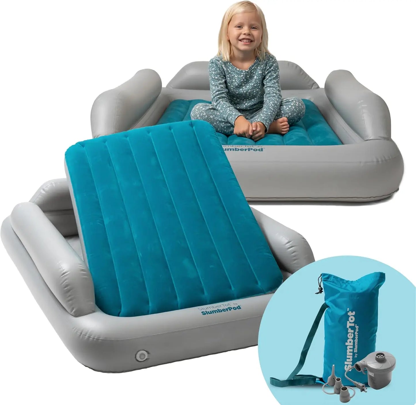 Inflatable Toddler Travel Bed with Safety Bumpers - Portable Air Mattress for Kids, Includes Electric Pump