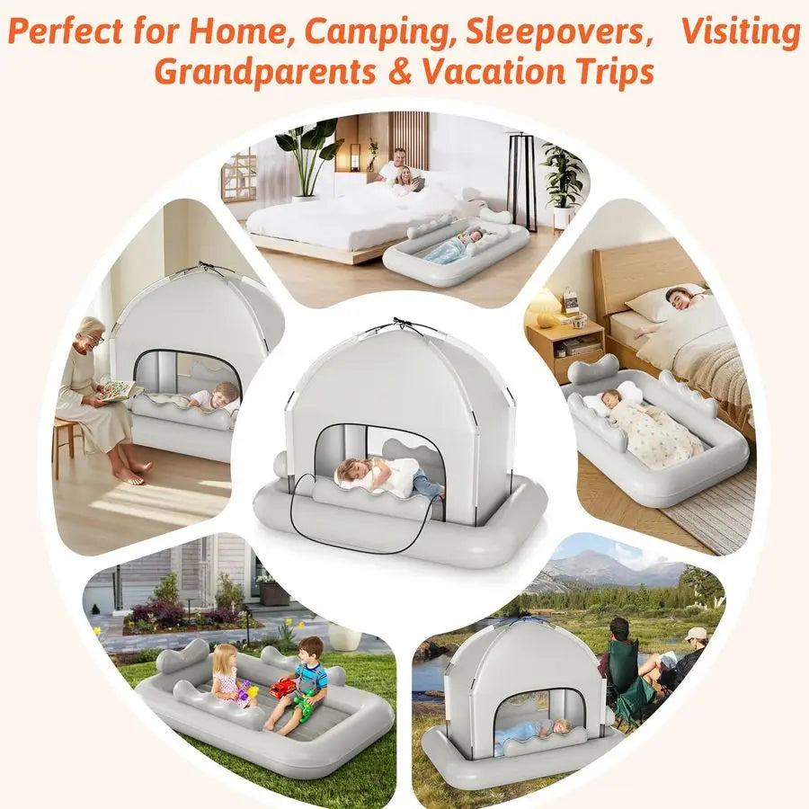 Toddler Travel Bed with Tent Foldable Portable Toddler Bed Cot Blow Up Kids Air Mattress with Safety Bumper, Pump Carry Bag Indo