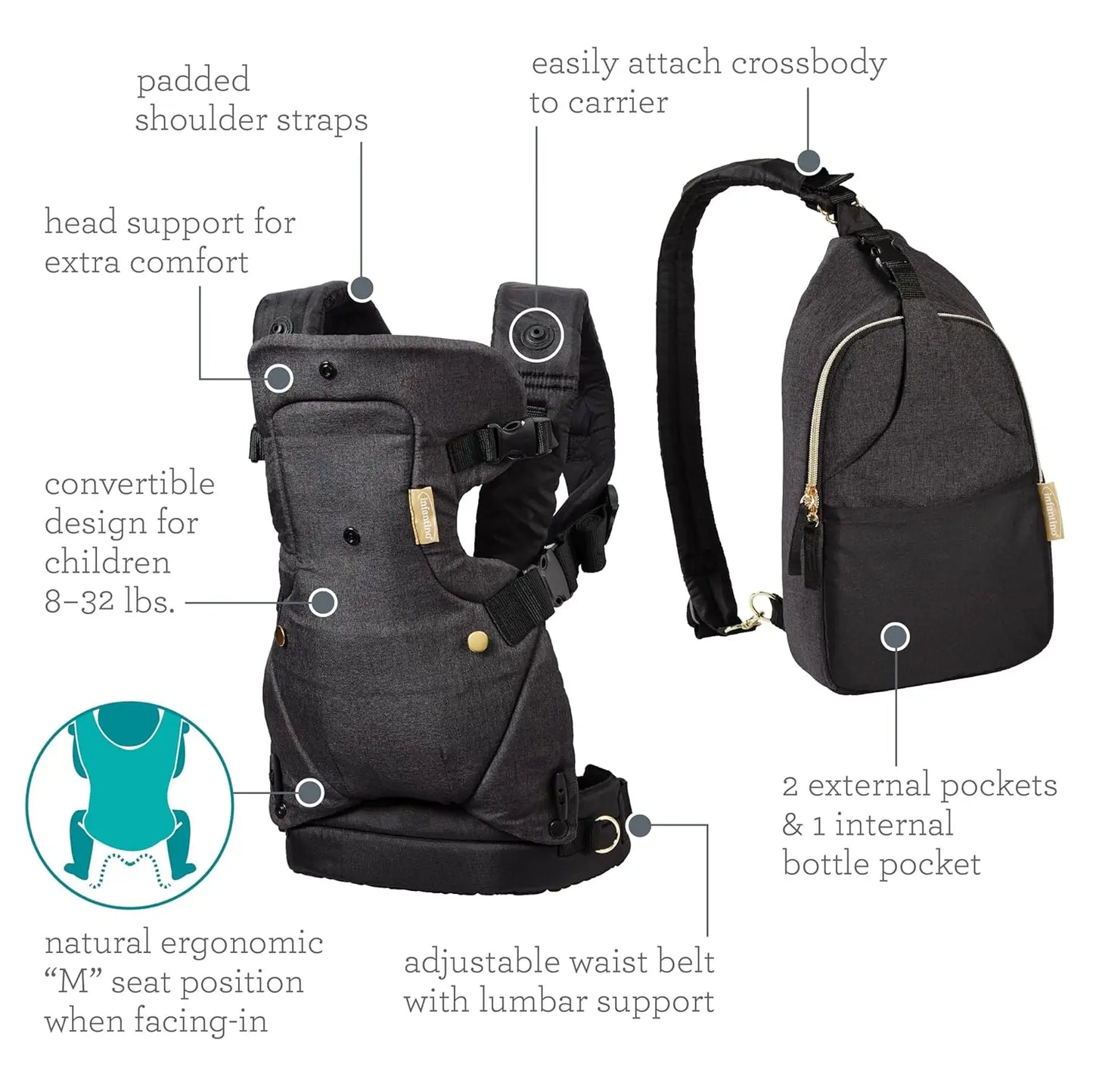 4-in-1 Convertible Baby Carrier & Crossbody Diaper Bag Set, Black and Gold, Hands-Free Support for Infants to Toddlers