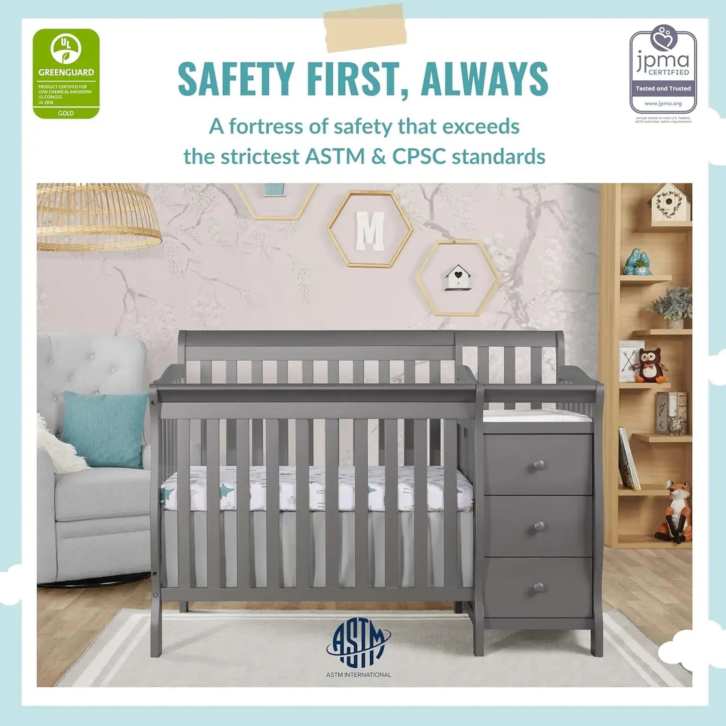 4‑in‑1 Mini Convertible Baby Crib & Changer with Storage, Steel Grey, Pinewood, GreenGuard Gold & JPMA, 1” Mattress Pad