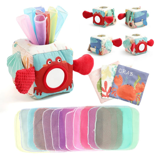 Baby Montessori Toy Magic Tissue Box, Busy Board Game Educational Learning Activity Sensory Toy Soft Rattle Game Cloth Book Gift