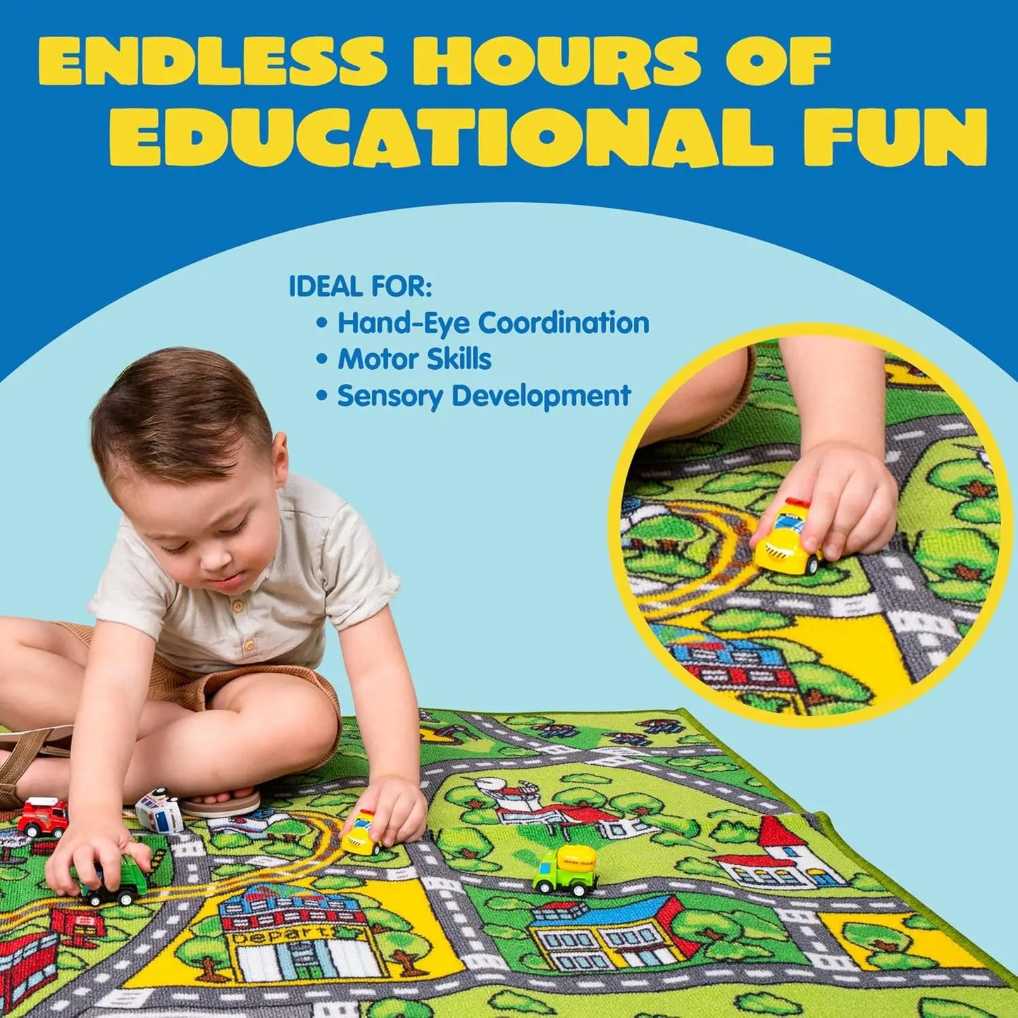 Carpet Playmat w/ 12 Cars Pull-Back Vehicle Set for Kids Age 3+ Jumbo Play Room Rug City Pretend Play Multiple Color