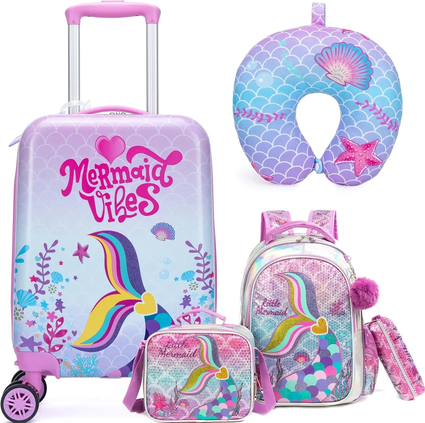 Pink Mermaid Kids Luggage Set: 5-Piece Hardside Suitcase with Spinner Wheels, Airline Approved