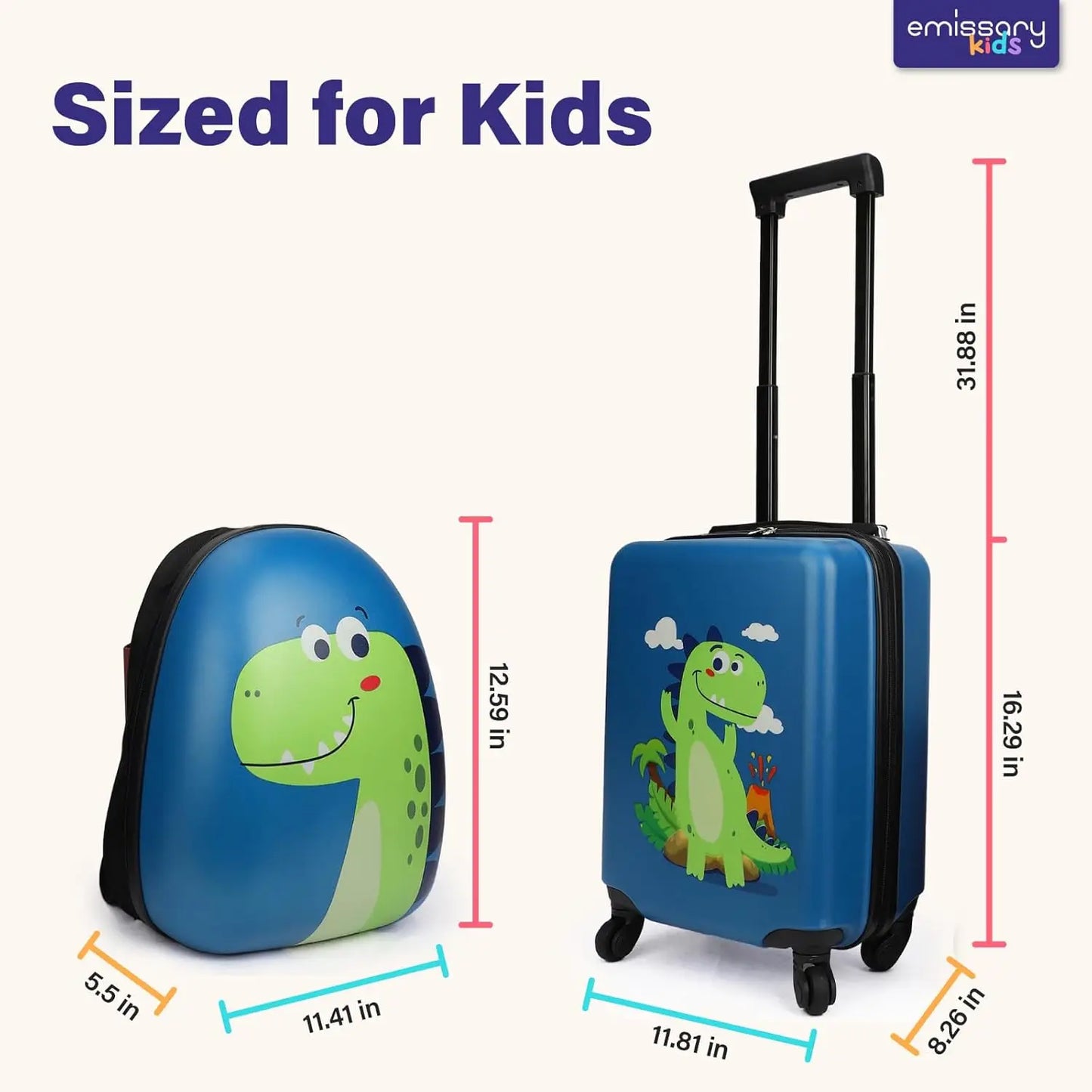 Dinosaur Kids Suitcase Set with Wheels and Backpack, 18" Hardside Luggage for Boys Age 3-8, Airline Approved Travel Gift