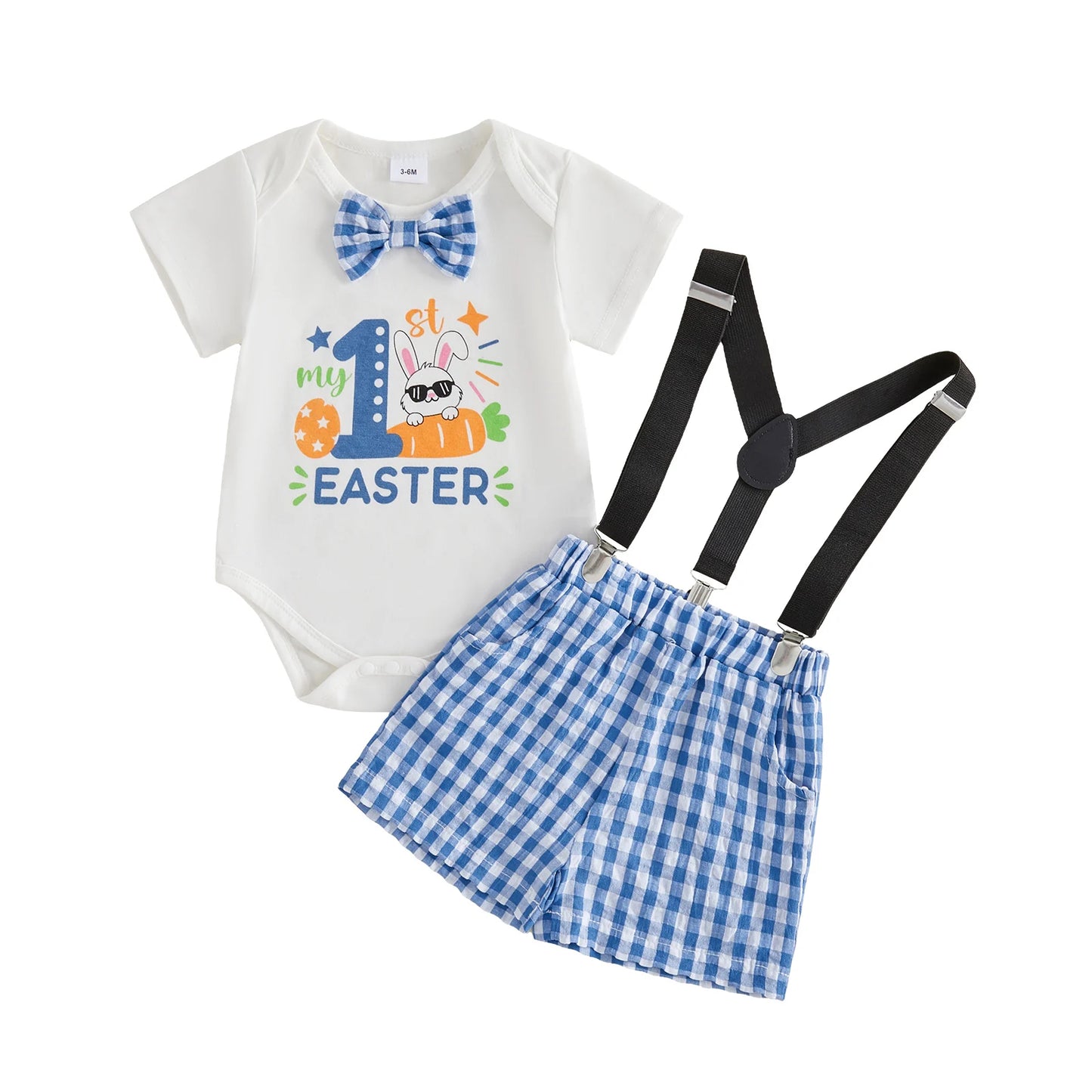 Baby Boy 1st Easter Outfit Letter Bunny Print Short Sleeve Bowtie Romper Plaid Suspender Shorts 2 Pcs Outfit