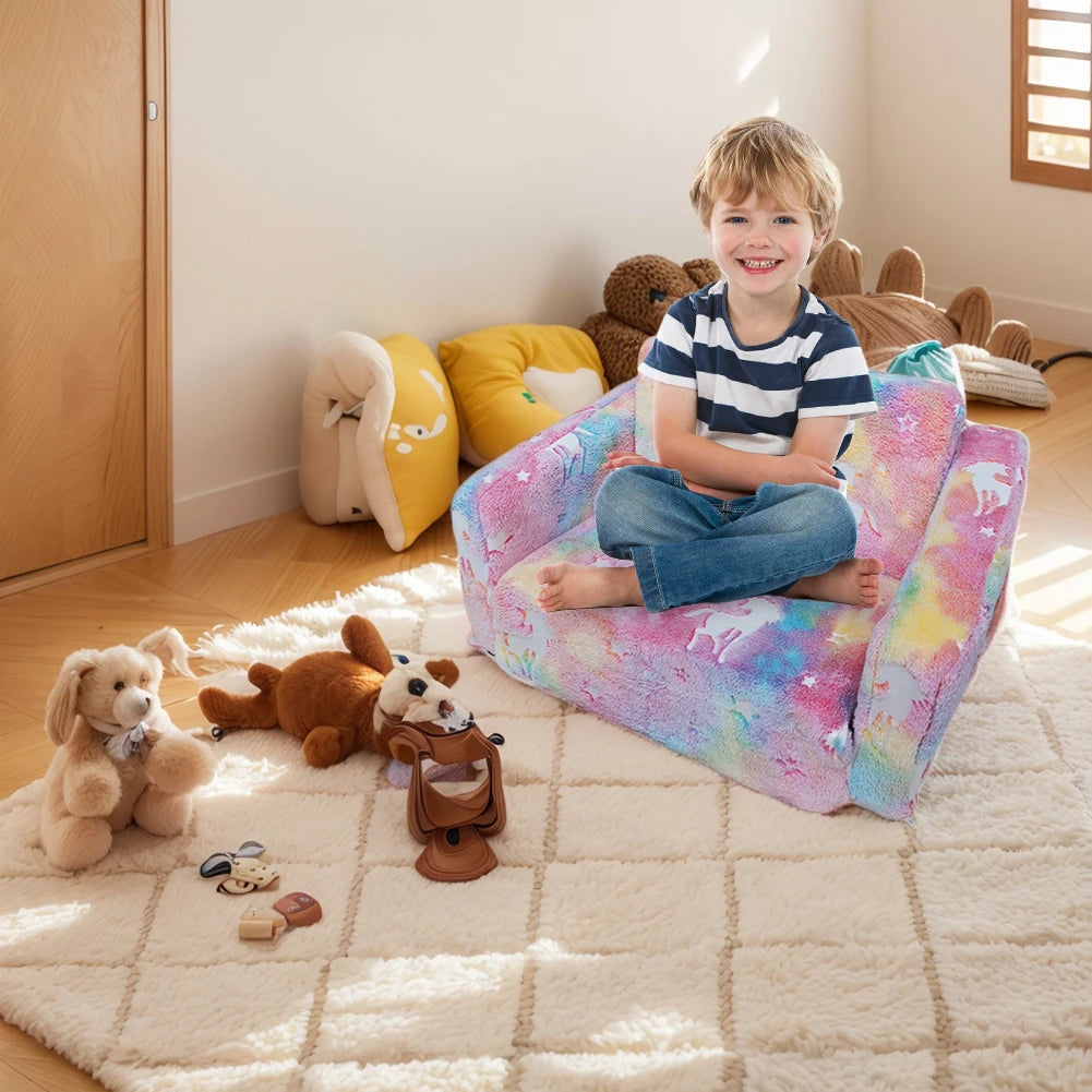 Kids Couch, Fold Out, Kid Sofa Chair, Toddler Convertible Sofa to Lounger, Pull Out Couch, Glow in The Dark Sofa Chair for Boys Girls