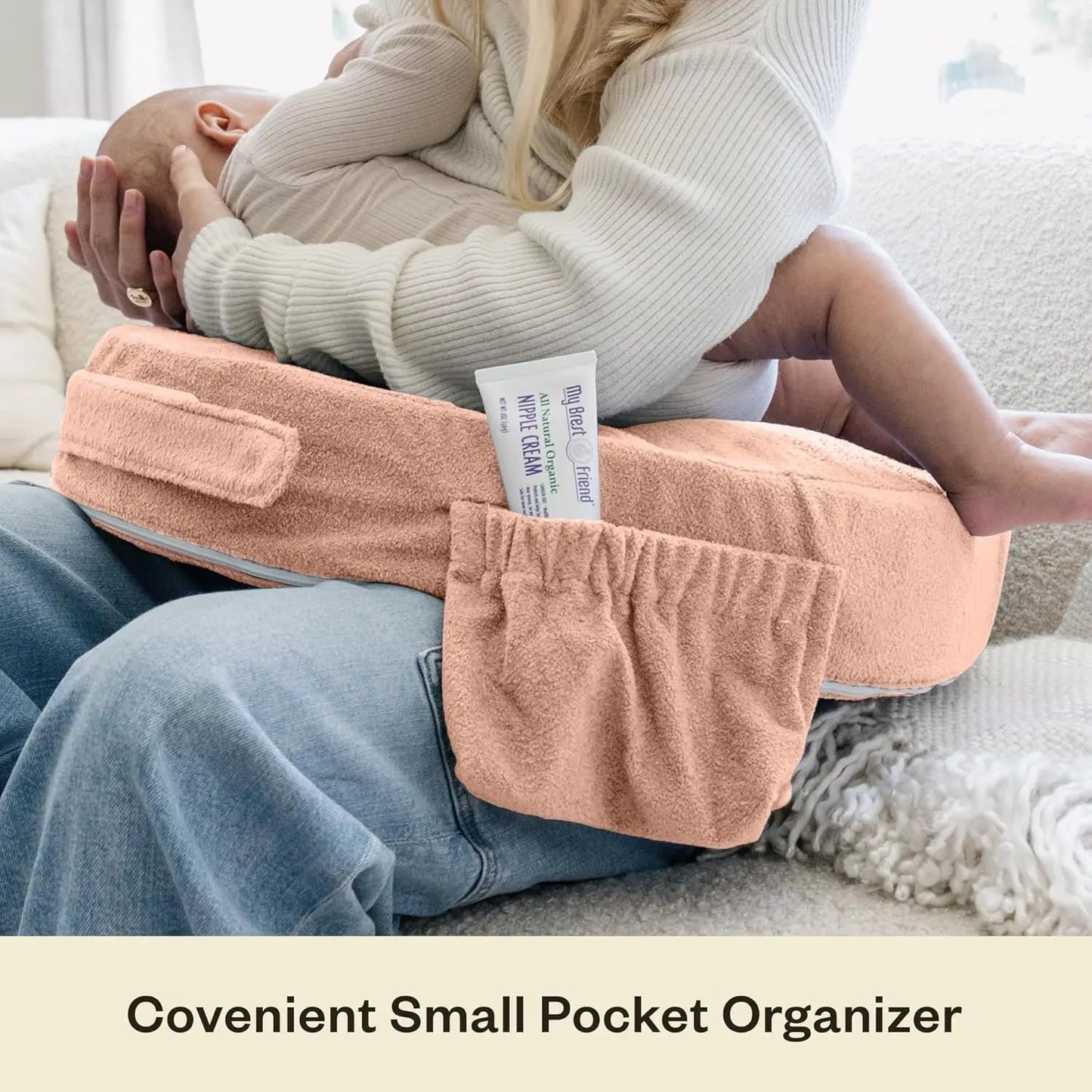 Deluxe Nursing Pillow with Slipcover - Ergonomic Support for Mom & Baby, Adjustable with Side Pocket in Soft Rose