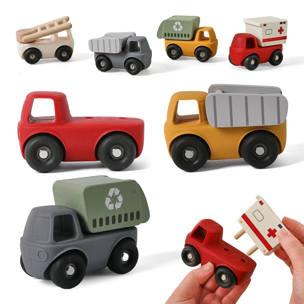 4PC Silicone Baby Teether Montessori Games For Babies Mobile Cart Detachable Cartoon Car
