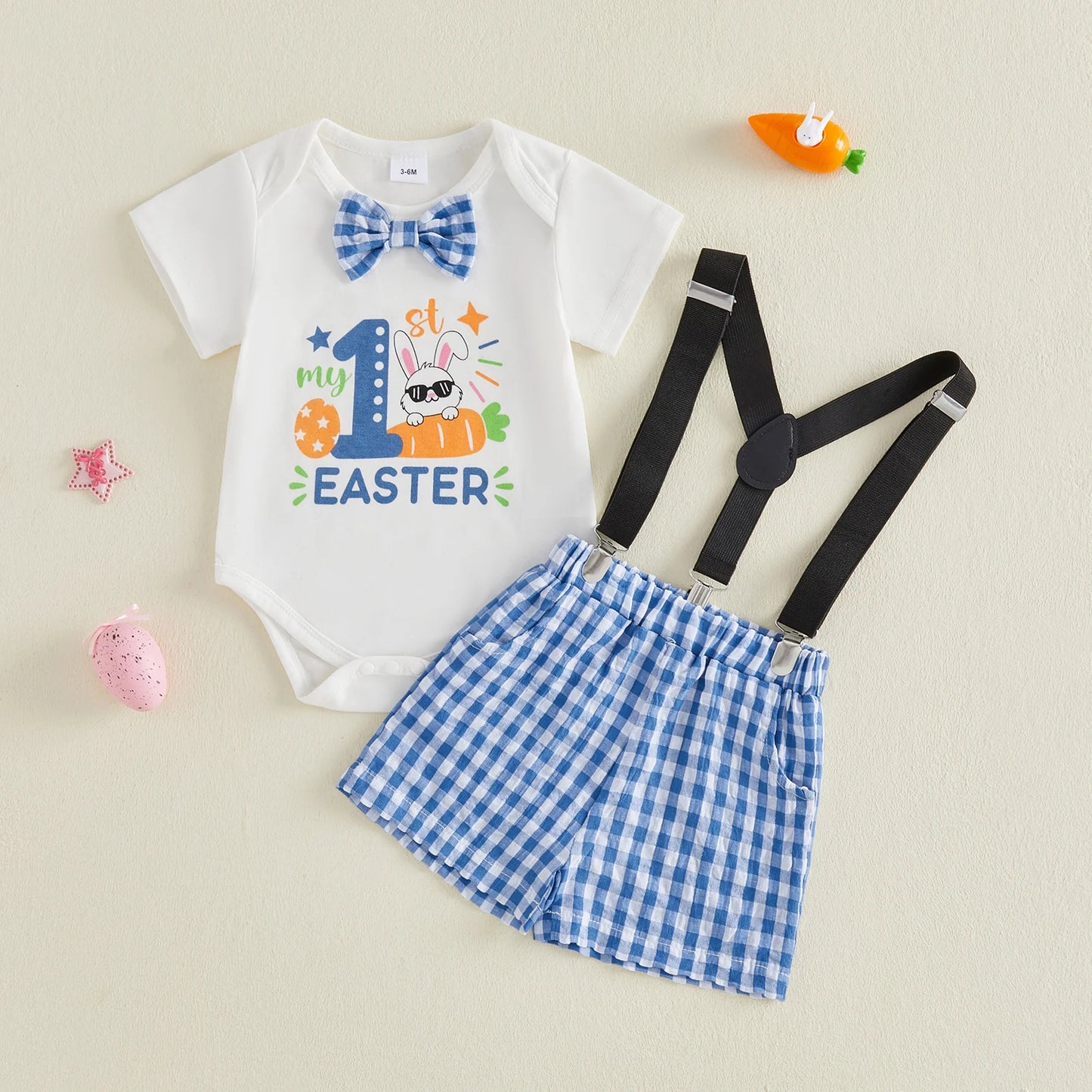 Baby Boy 1st Easter Outfit Letter Bunny Print Short Sleeve Bowtie Romper Plaid Suspender Shorts 2 Pcs Outfit