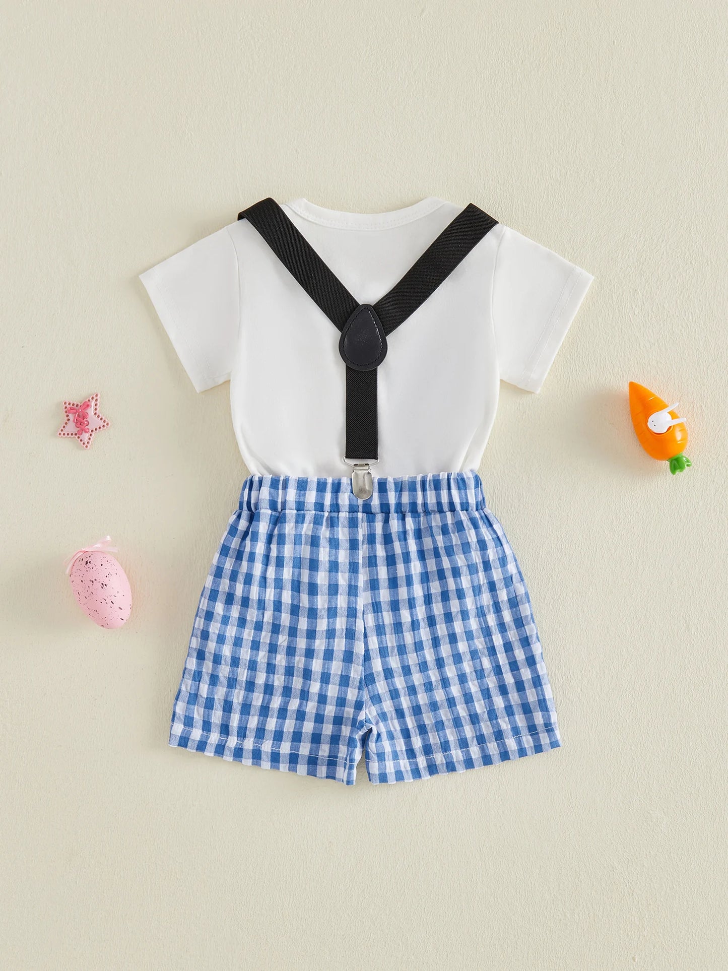 Baby Boy 1st Easter Outfit Letter Bunny Print Short Sleeve Bowtie Romper Plaid Suspender Shorts 2 Pcs Outfit