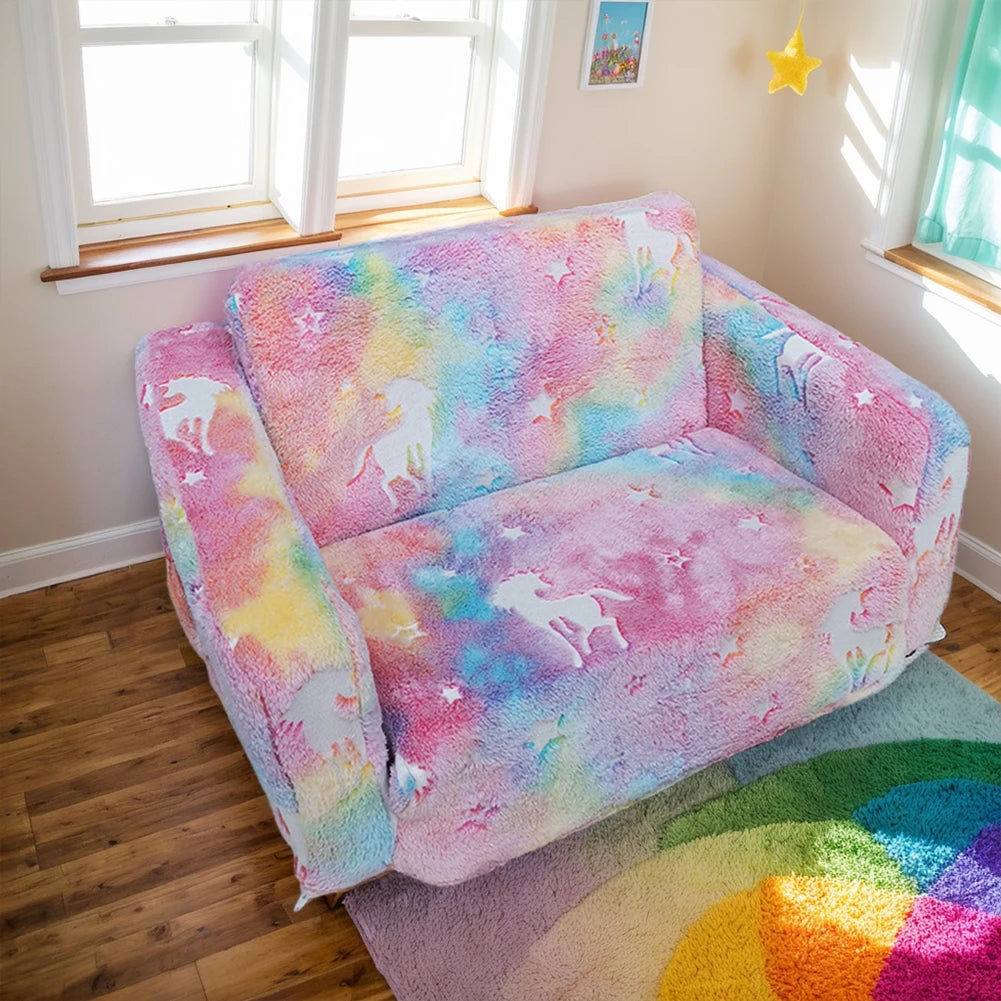 Kids Couch, Fold Out, Kid Sofa Chair, Toddler Convertible Sofa to Lounger, Pull Out Couch, Glow in The Dark Sofa Chair for Boys Girls