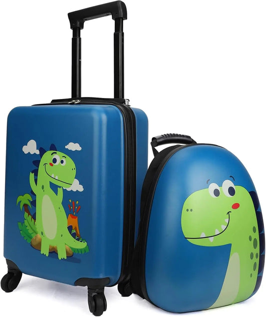 Dinosaur Kids Suitcase Set with Wheels and Backpack, 18" Hardside Luggage for Boys Age 3-8, Airline Approved Travel Gift