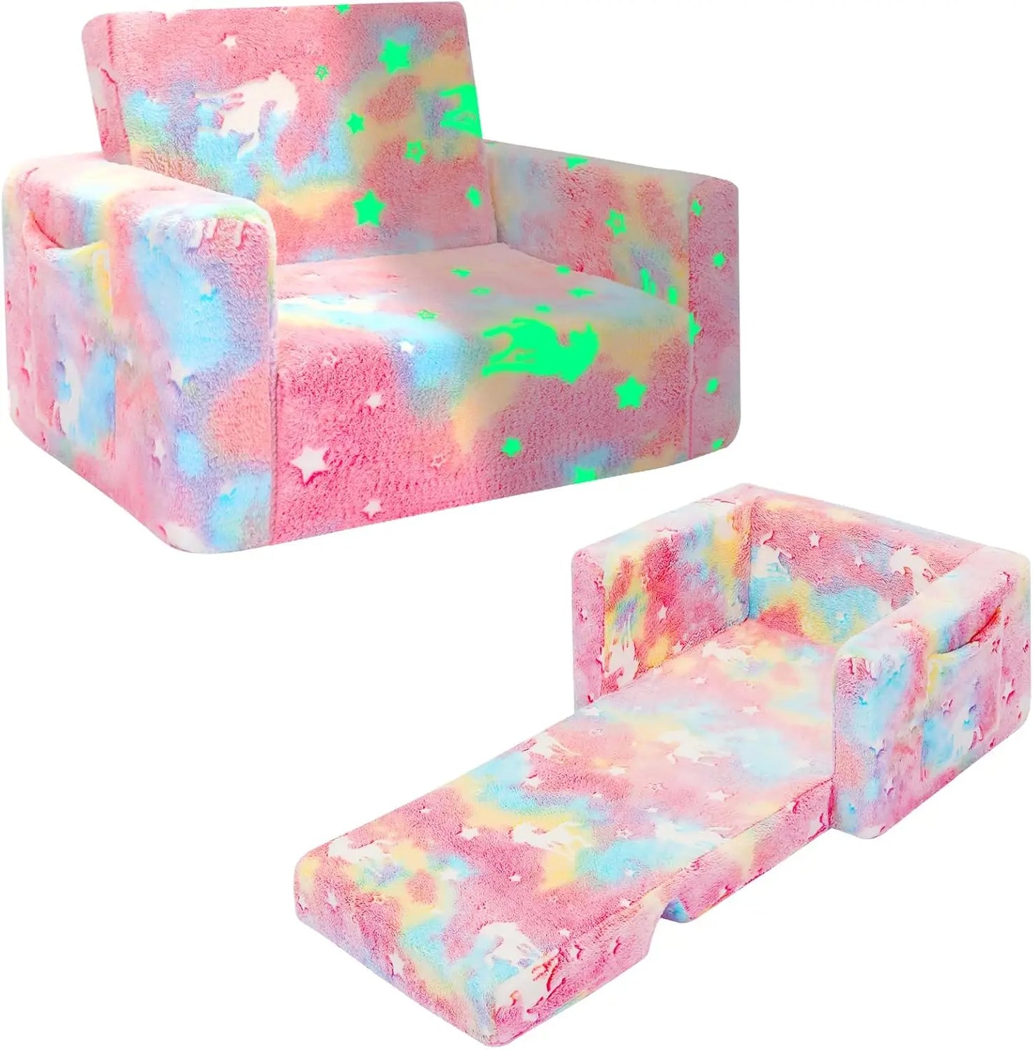 Kids Couch, Fold Out, Kid Sofa Chair, Toddler Convertible Sofa to Lounger, Pull Out Couch, Glow in The Dark Sofa Chair for Boys Girls