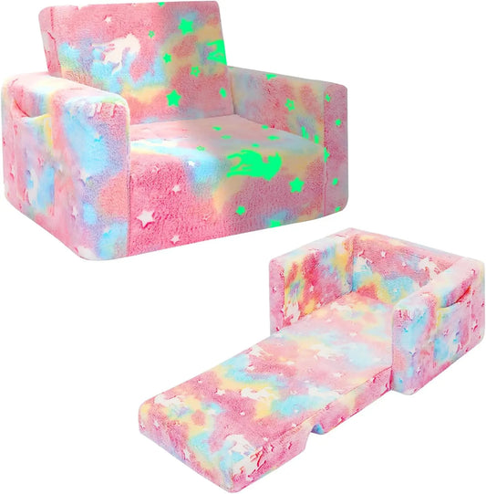 Kids Couch, Fold Out, Kid Sofa Chair, Toddler Convertible Sofa to Lounger, Pull Out Couch, Glow in The Dark Sofa Chair for Boys Girls