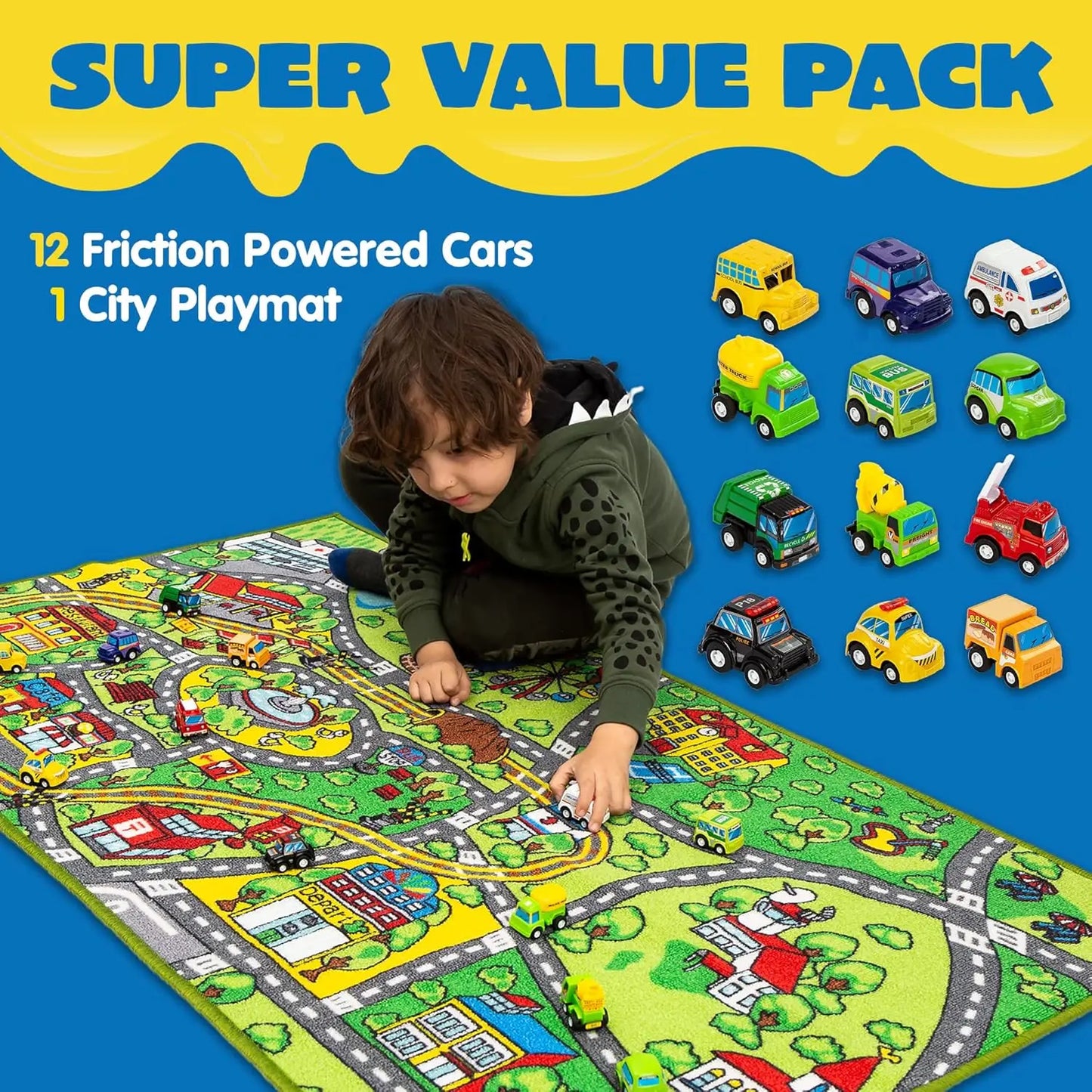 Carpet Playmat w/ 12 Cars Pull-Back Vehicle Set for Kids Age 3+ Jumbo Play Room Rug City Pretend Play Multiple Color