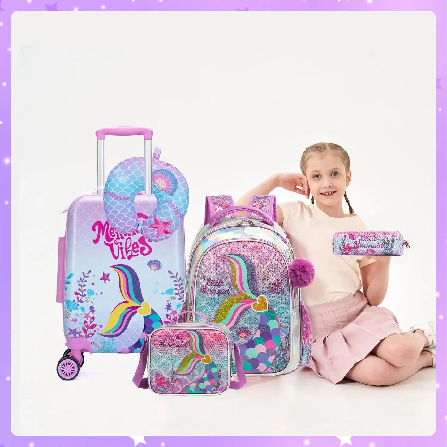 Pink Mermaid Kids Luggage Set: 5-Piece Hardside Suitcase with Spinner Wheels, Airline Approved