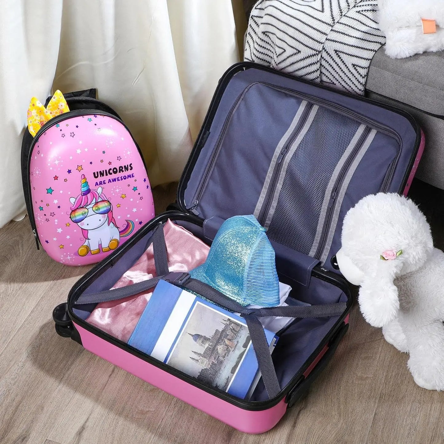 Kids Unicorn Luggage Set with Spinner Wheels - 18" Hard Case & 13" Backpack for Travel