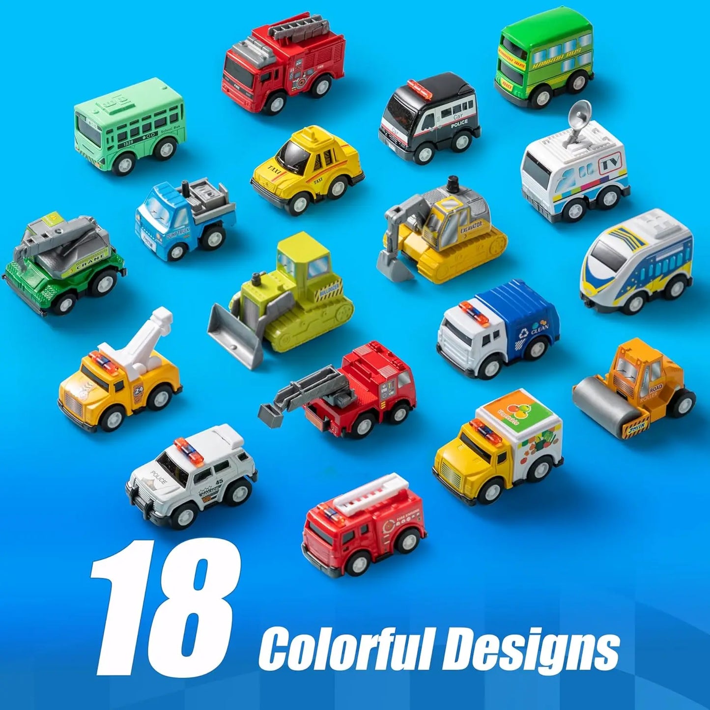 JOYFY 18 Pcs Pull Back City Cars and Trucks Toy Vehicles Set Friction Powered Cars for Kids Best Birthday Christmas Gifts