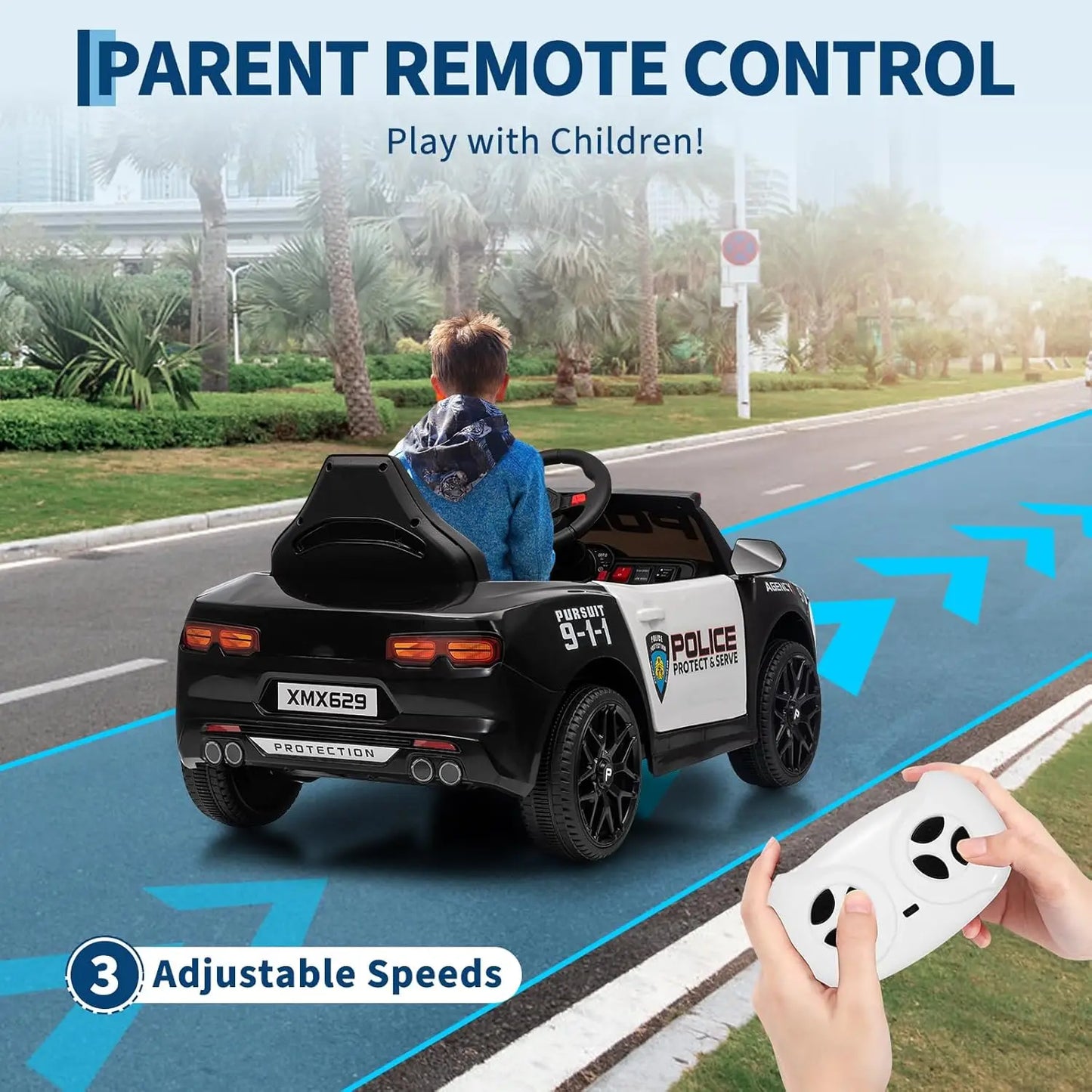12V Police Car Electric Ride on Vehicle Cop Cars for Big Kids with Remote Control, Emergency Alert Tones, Flashing Lights, Music