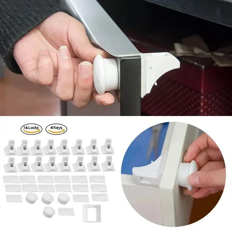 Magnetic Child Proof Locks - Set of Invisible Cabinet Latches and Drawer Clips for Baby Safety