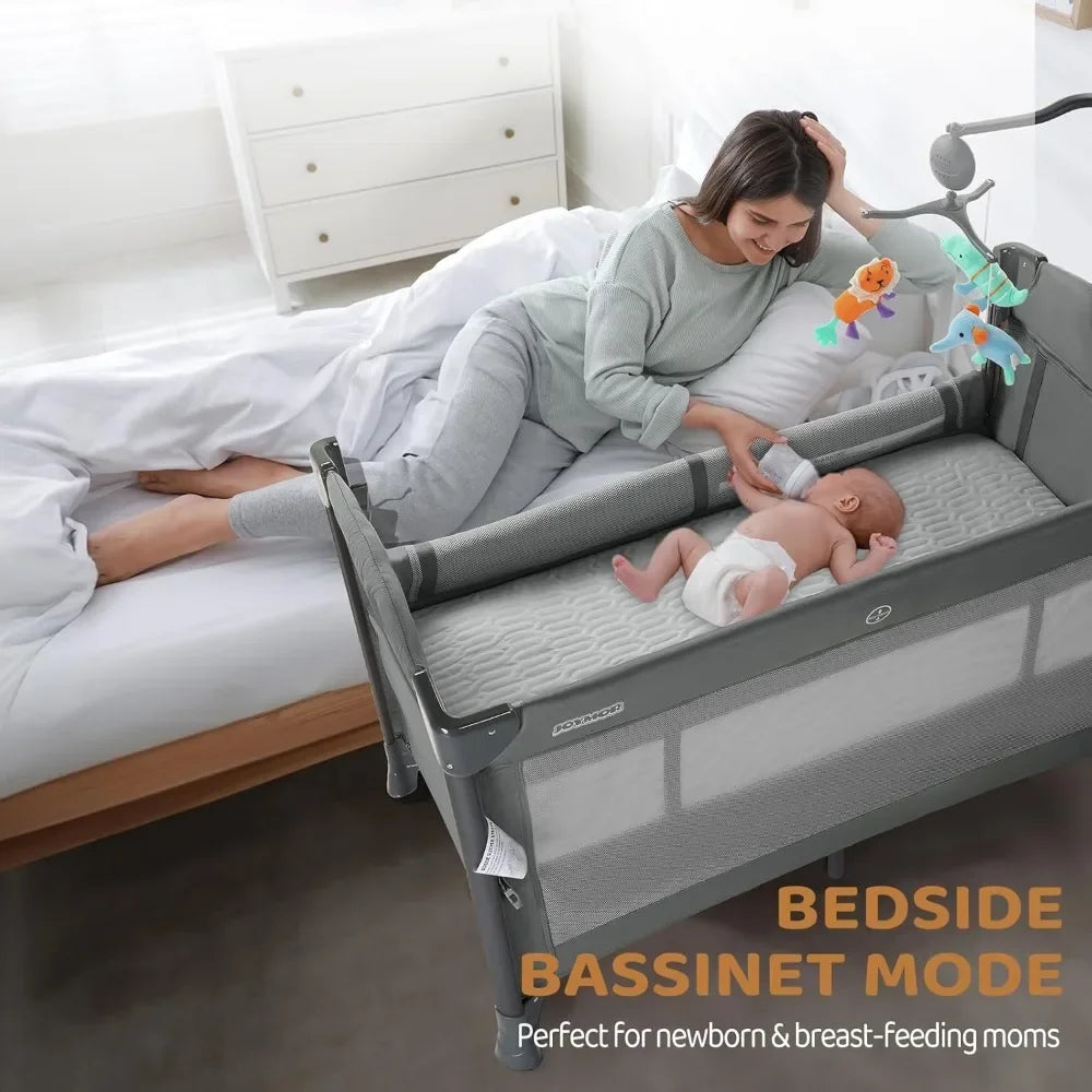 Baby Bedside Bassinet, Baby Bassinet, Pack n Play Convert Playpen, Quick Foldable Travel Bed with Toy, Wheels & Brake, Carry Ba