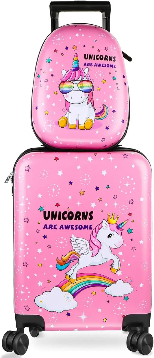 Kids Unicorn Luggage Set with Spinner Wheels - 18" Hard Case & 13" Backpack for Travel
