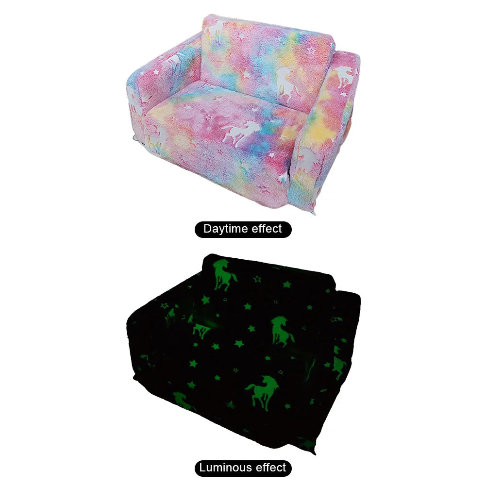 Kids Couch, Fold Out, Kid Sofa Chair, Toddler Convertible Sofa to Lounger, Pull Out Couch, Glow in The Dark Sofa Chair for Boys Girls