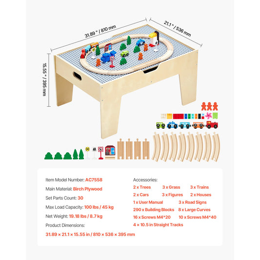 Multi-Purpose Activity Play Table 290 Building Bricks & 30pcs Wooden Train Table Toys Set Accessories for Kids Gaming