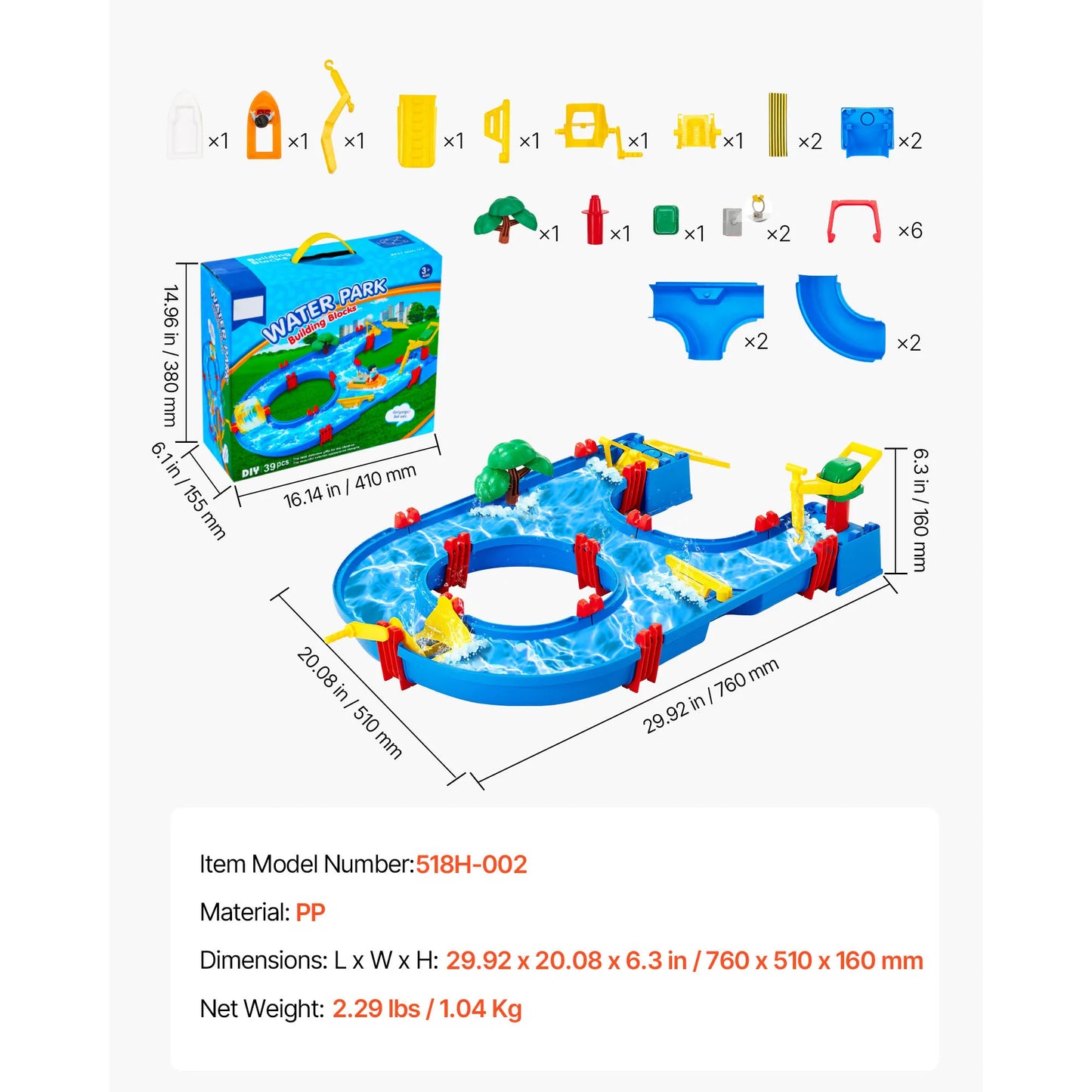 Water Play Table Children's Outdoor Beach Toy with 39PCS Accessories Summer Water Park Playset for Kids Activity