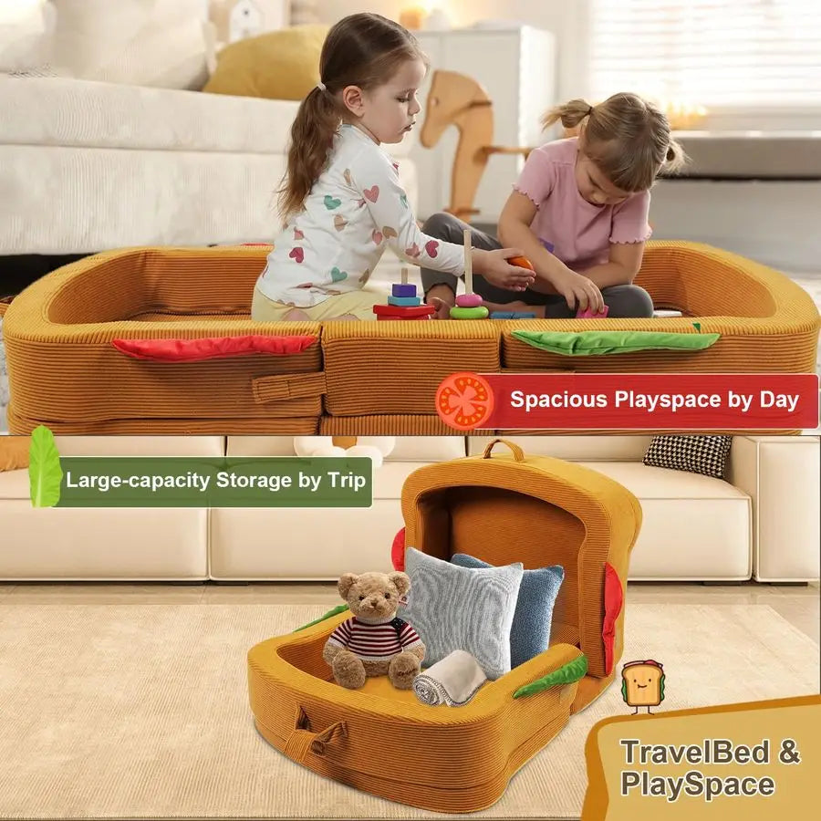 Toddler Travel Bed Sandwich Style Portable Toddlers Floor Beds, Foldable Soft Foam Travel Crib for Baby and Kid, Washable Cover