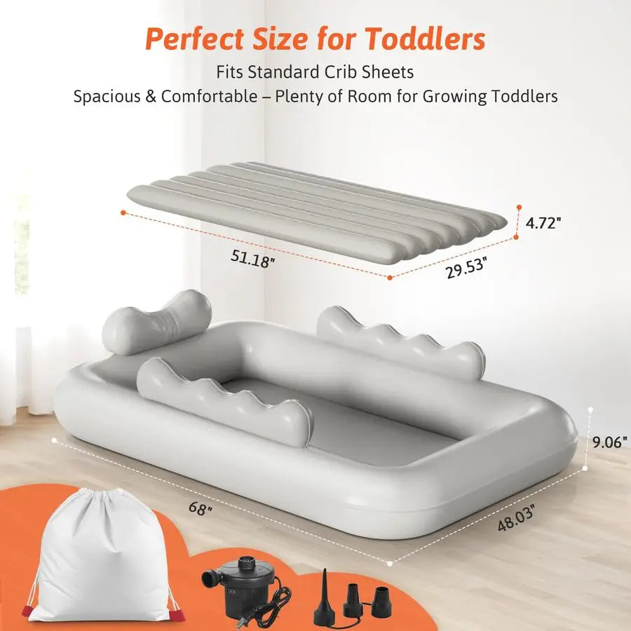 Toddler Travel Bed with Tent Foldable Portable Toddler Bed Cot Blow Up Kids Air Mattress with Safety Bumper, Pump Carry Bag Indo