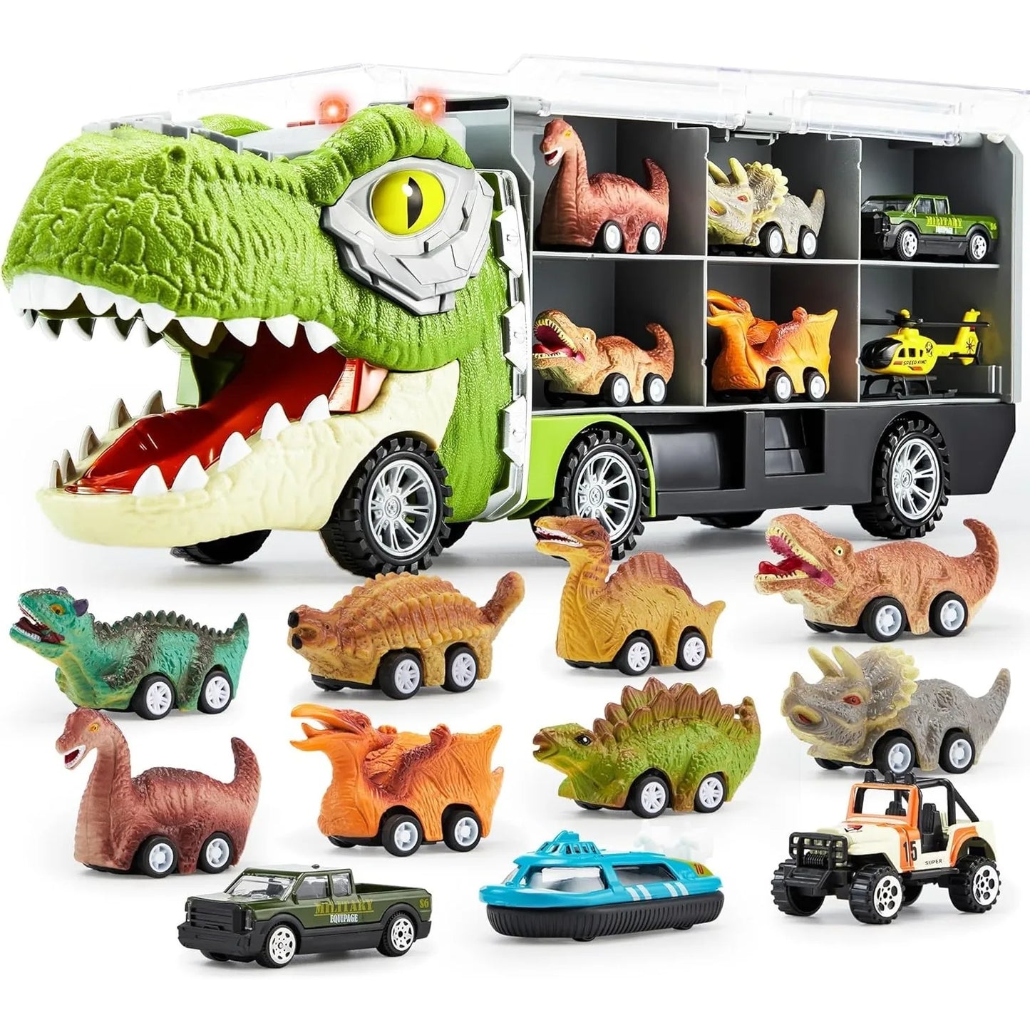 13 in 1 Dinosaur Transport Truck Toys with 12 Pull Back Cars Small Cars Set for 3+ Years Boy Birthday Christmas Gifts Toys