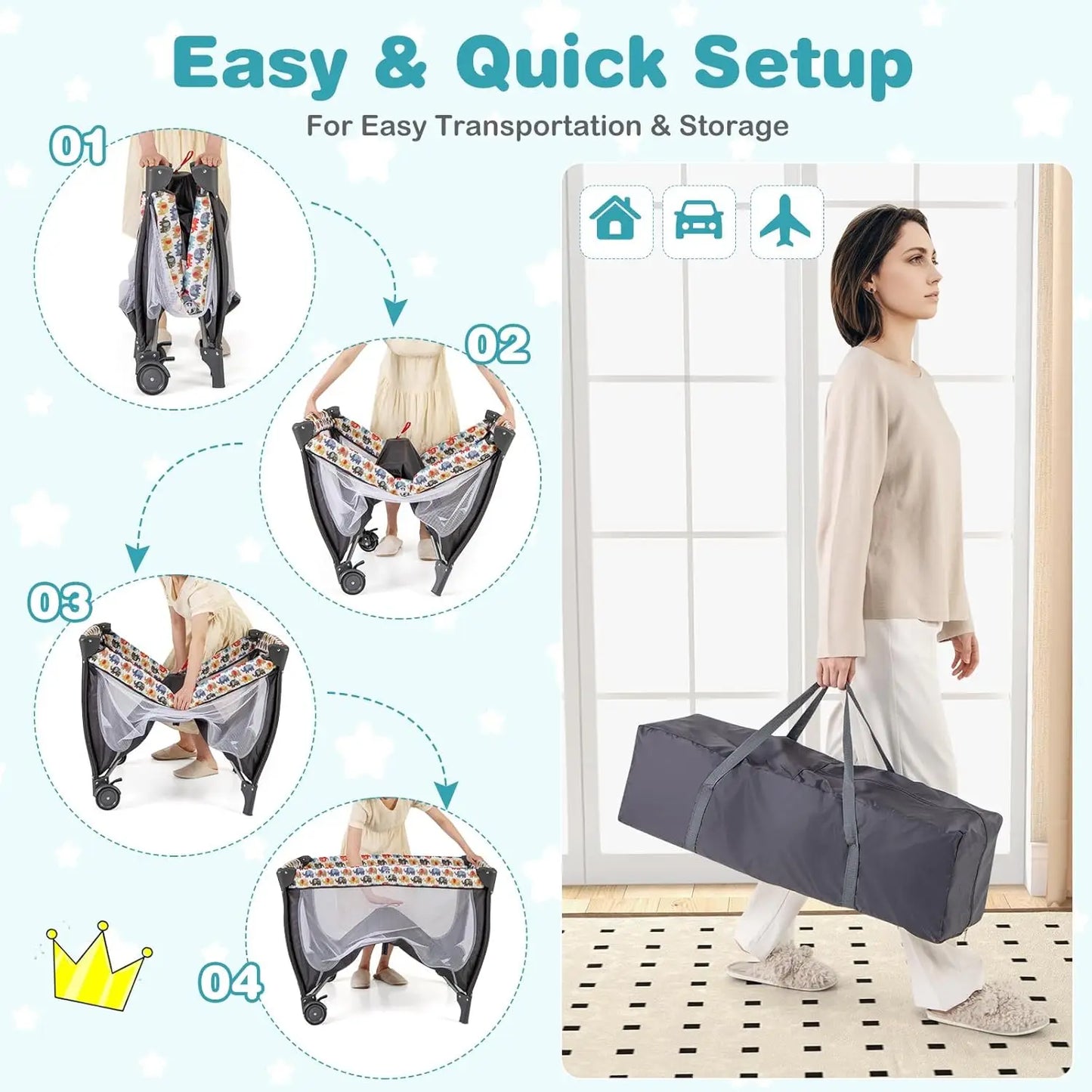 4-in-1 Portable Baby Playard with Bassinet, Changing Table, Lockable Wheels & Music, Foldable Travel Crib for Newborn to Toddler