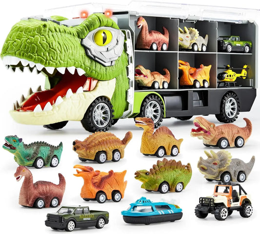 13 in 1 Dinosaur Transport Truck Toys with 12 Pull Back Cars Small Cars Set for 3+ Years Boy Birthday Christmas Gifts Toys