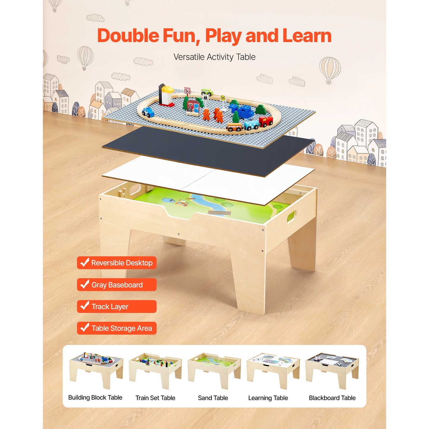 Multi-Purpose Activity Play Table 290 Building Bricks & 30pcs Wooden Train Table Toys Set Accessories for Kids Gaming