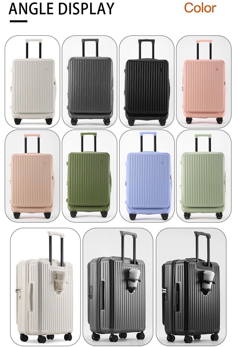 Multifunctional Front Opening Expandable Suitcase with Cup Holder Large Capacity Luggage 360° Shock Absorbing Wheels 20' 24' 28'