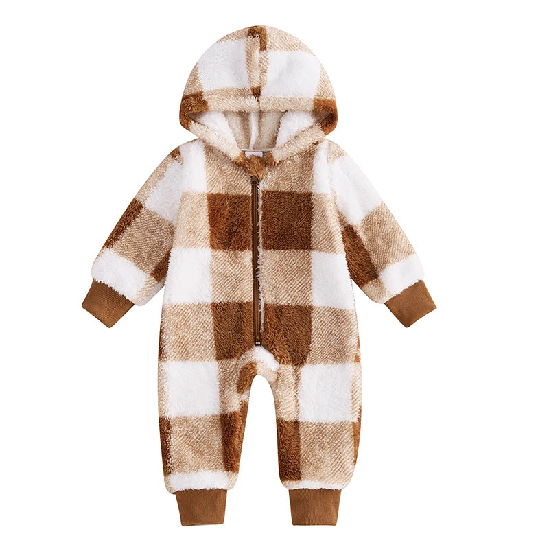 Toddler Striped Hooded  Soft Fleece Button-up Cozy Winter Romper with Pockets and Footies