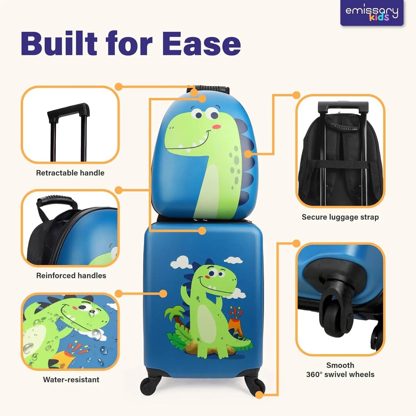 Dinosaur Kids Suitcase Set with Wheels and Backpack, 18" Hardside Luggage for Boys Age 3-8, Airline Approved Travel Gift