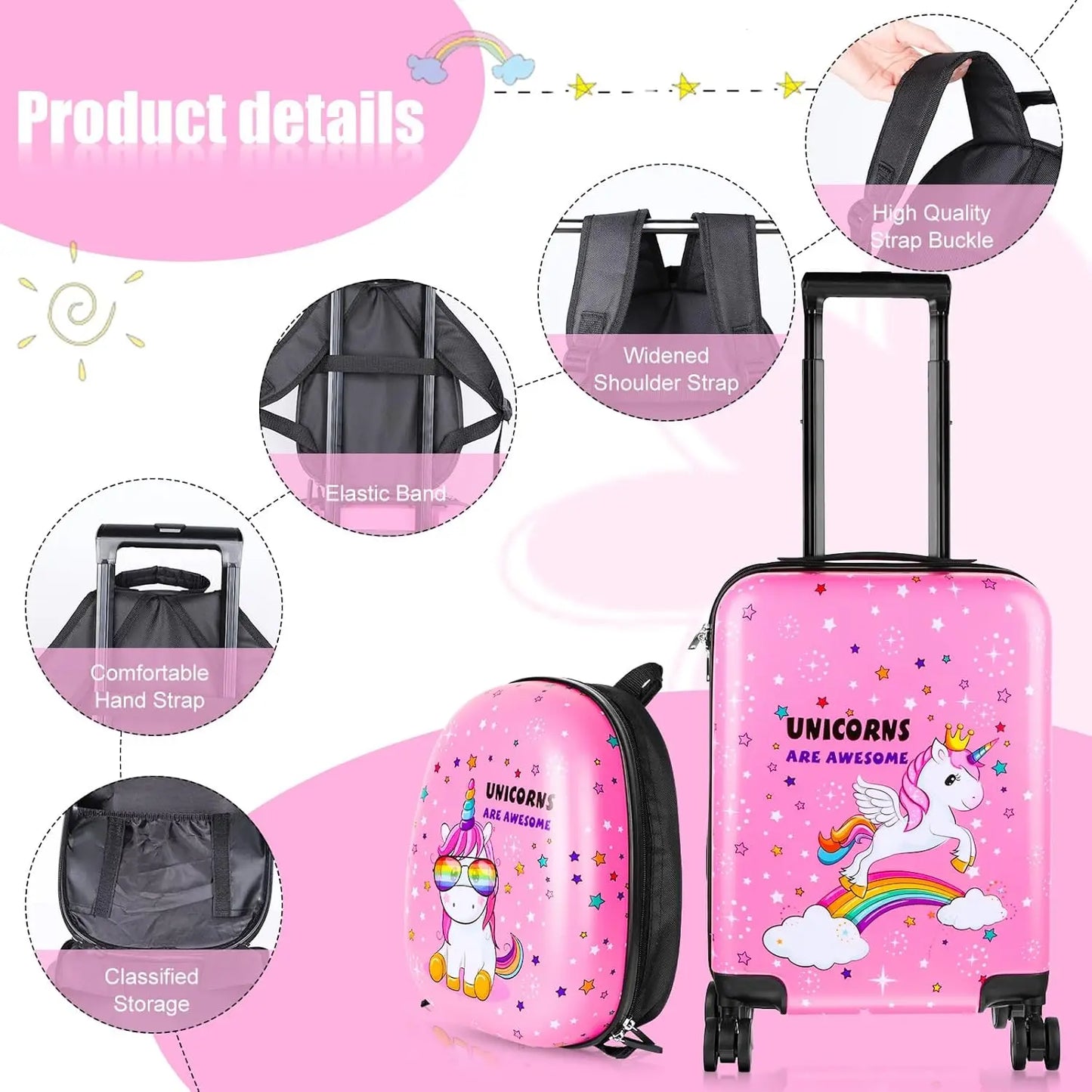 Kids Unicorn Luggage Set with Spinner Wheels - 18" Hard Case & 13" Backpack for Travel