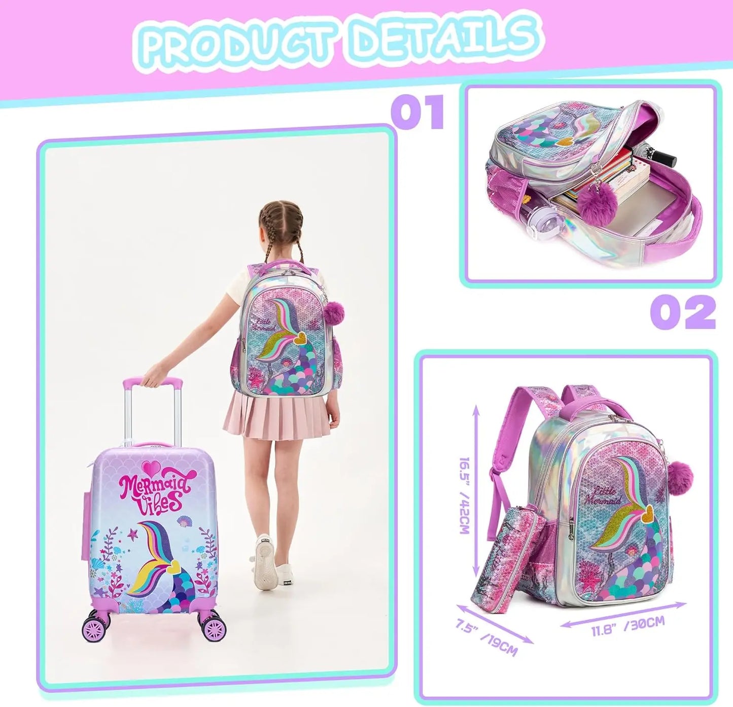 Pink Mermaid Kids Luggage Set: 5-Piece Hardside Suitcase with Spinner Wheels, Airline Approved