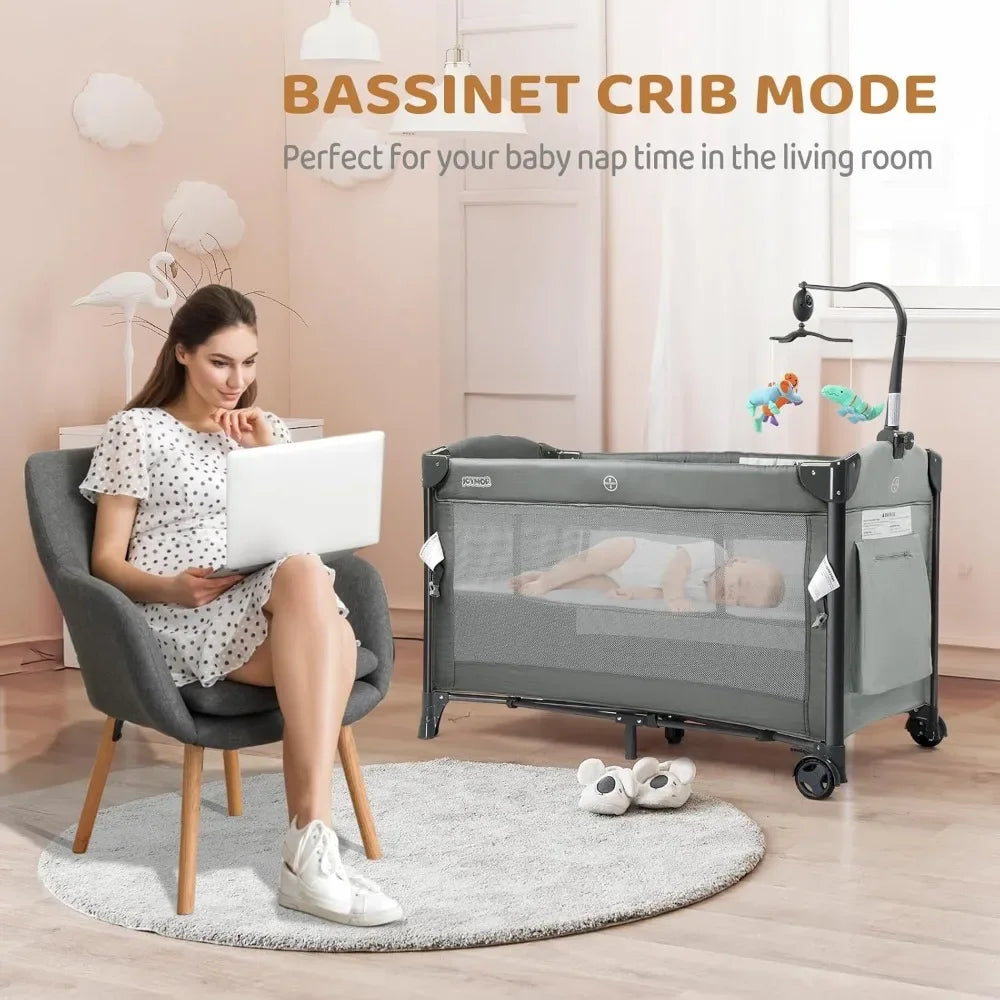 Baby Bedside Bassinet, Baby Bassinet, Pack n Play Convert Playpen, Quick Foldable Travel Bed with Toy, Wheels & Brake, Carry Ba