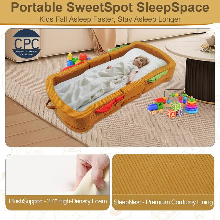 Toddler Travel Bed Sandwich Style Portable Toddlers Floor Beds, Foldable Soft Foam Travel Crib for Baby and Kid, Washable Cover