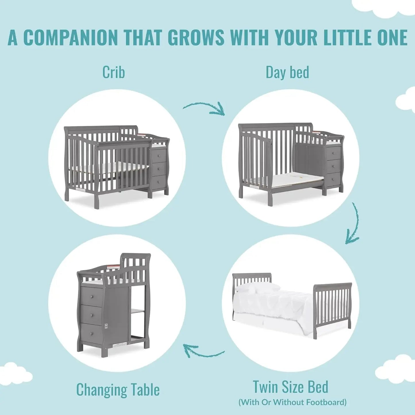 4‑in‑1 Mini Convertible Baby Crib & Changer with Storage, Steel Grey, Pinewood, GreenGuard Gold & JPMA, 1” Mattress Pad