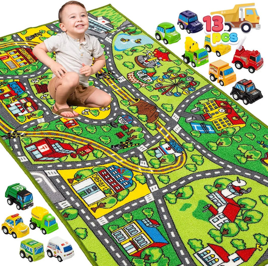 Carpet Playmat w/ 12 Cars Pull-Back Vehicle Set for Kids Age 3+ Jumbo Play Room Rug City Pretend Play Multiple Color