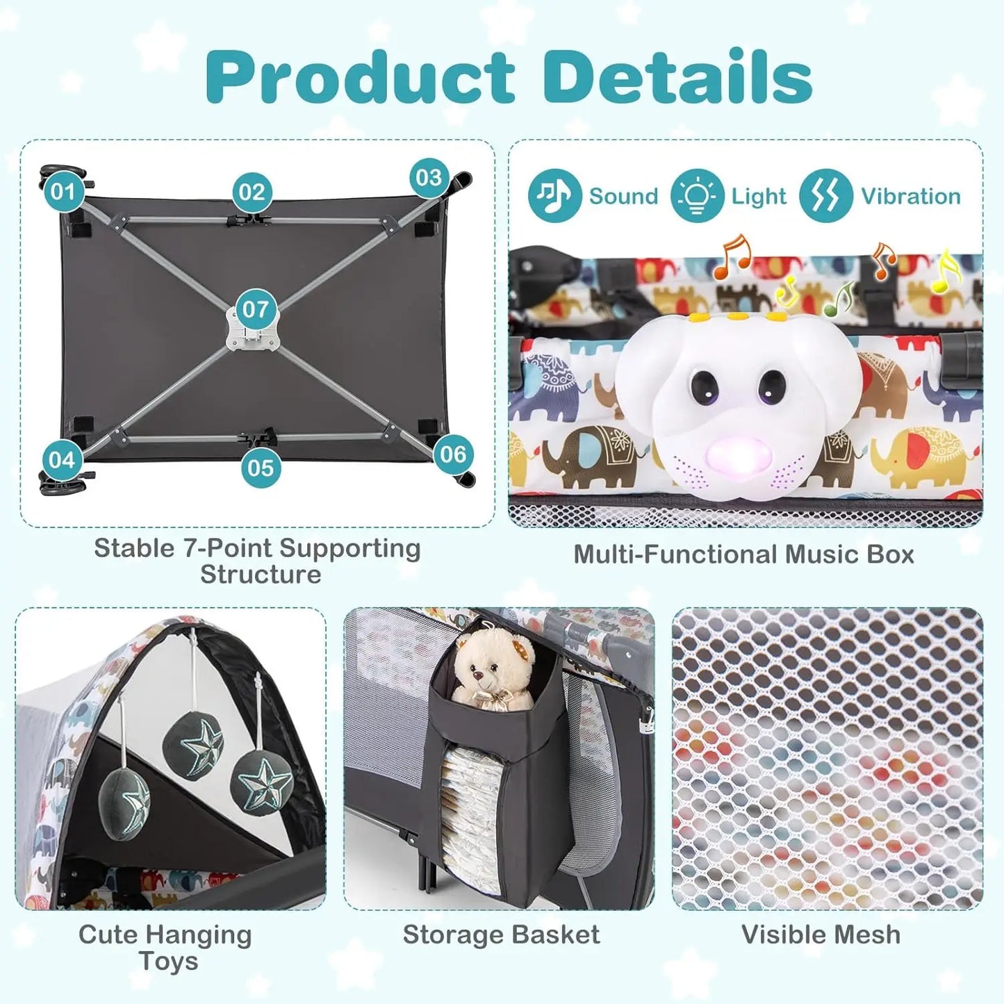 4-in-1 Portable Baby Playard with Bassinet, Changing Table, Lockable Wheels & Music, Foldable Travel Crib for Newborn to Toddler