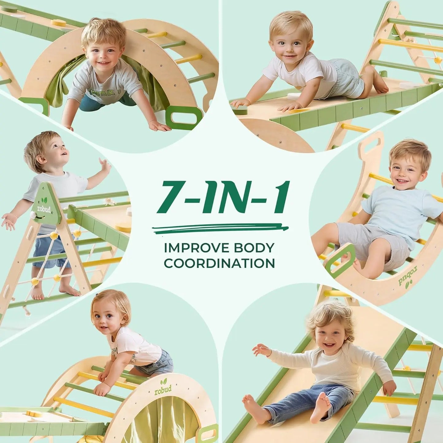 Robotime Robud 7 in 1 Triangle Set Foldable Wooden Climbing Toy Montessori Foldable Climbing Set with Rope Net Unisex