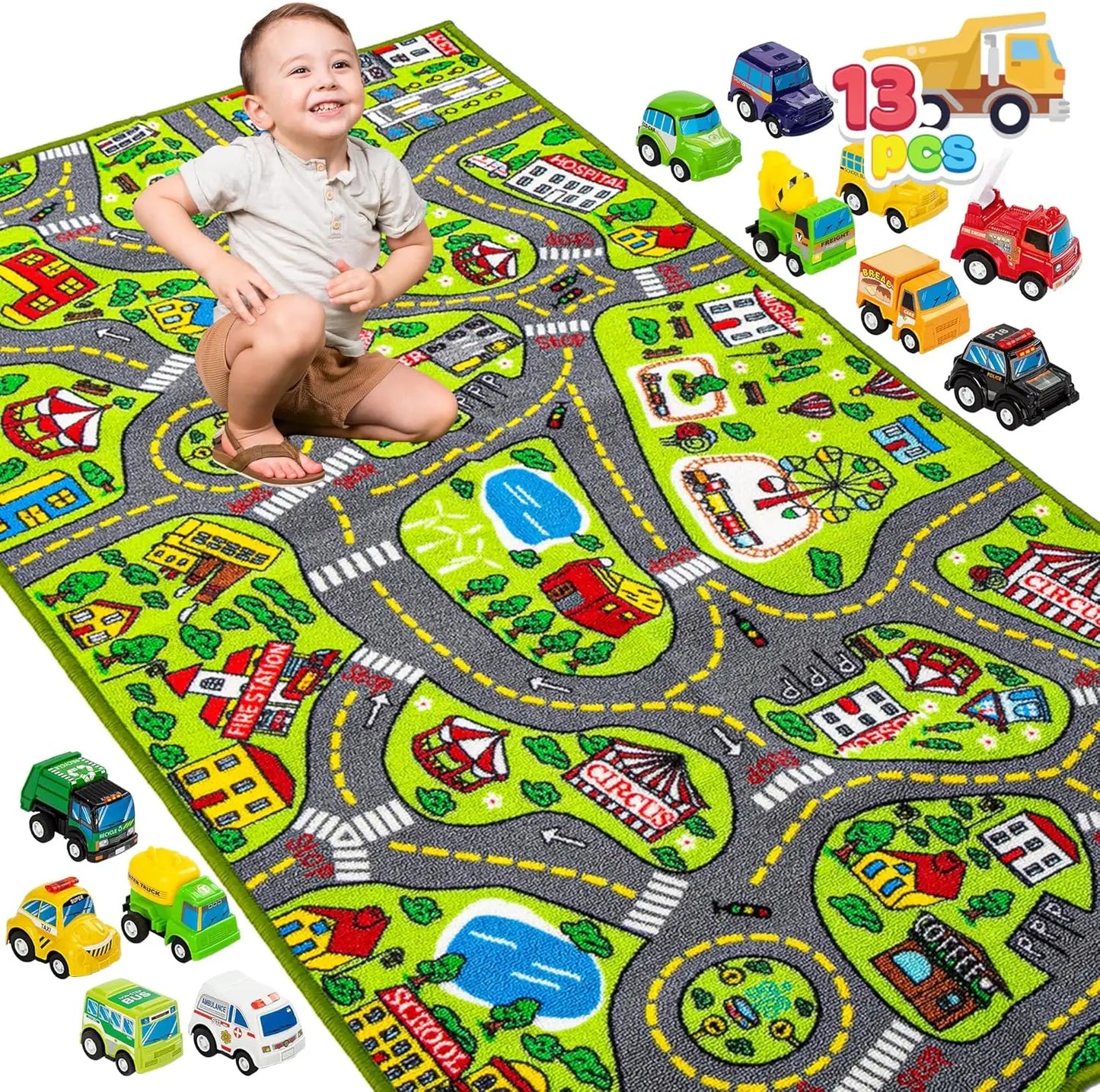 Carpet Playmat w/ 12 Cars Pull-Back Vehicle Set for Kids Age 3+ Jumbo Play Room Rug City Pretend Play Multiple Color