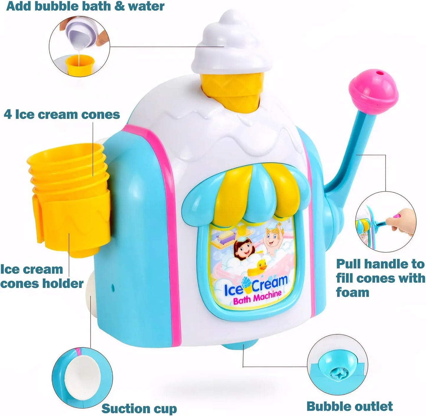Bath Toys for Toddlers Ages 3-5,Ice Cream Foam Maker Bathtub Toy with Snap Buttons, Bathtub Bubble Machine Pretend Cake