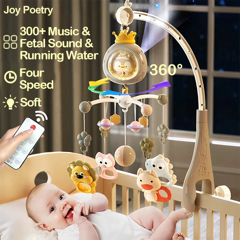 360° Penguin Musical Projection Baby Crib Mobile Rotating Soft Light Bed Bell Toy Four Speed Timming Infant Rattle Bedside Gift